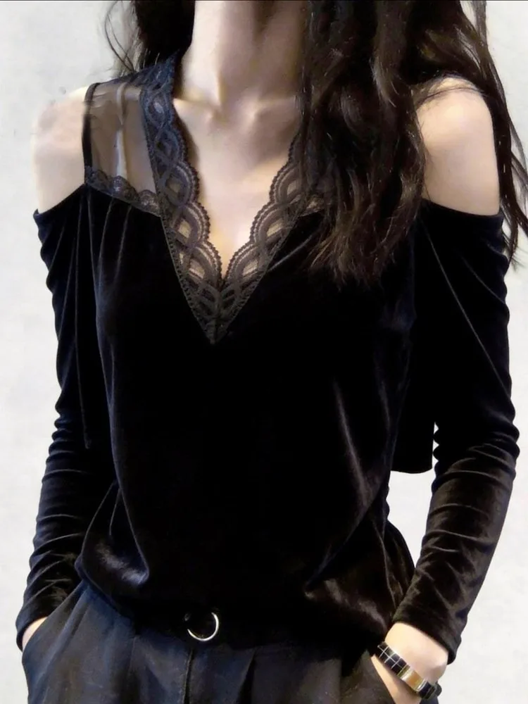 Lace Patchwork Top Versatile Commute Style Meat Concealing Age Reducing Women's Fashion Autumn New Arrival Standard Fit Long ...