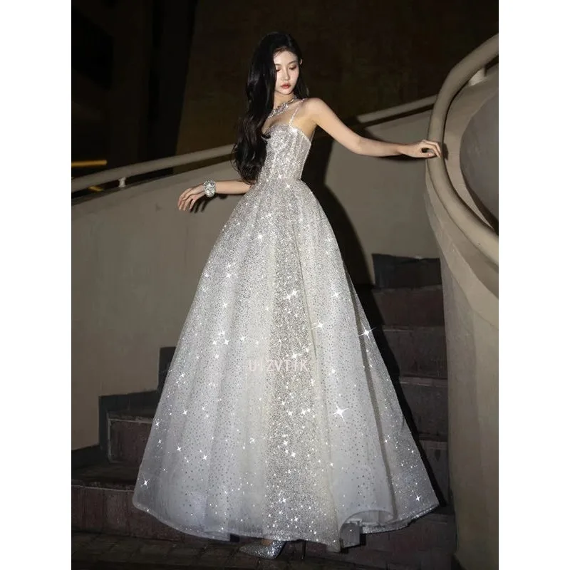 Silver Long Evening Party Gown Wedding Dresses Luxury Women Sequined Princess Style Prom Dress Elegant Formal Occasion Dress