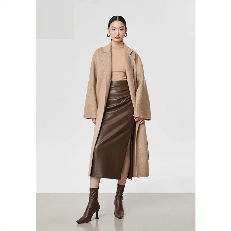 

Vintage Matte Leather Midi Skirt Women High Waist Straight Skirt Hem Side Split Ladies Elegant Stetch PU Skirt Party Custom New