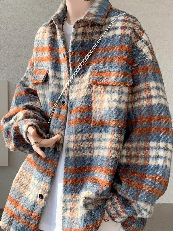 

Мужская шерстяная куртка в клетку, осенне-зимняя свободная длинная све irt Sle, роскошная верхняя одежда Sensation, повседневная модная тенденция