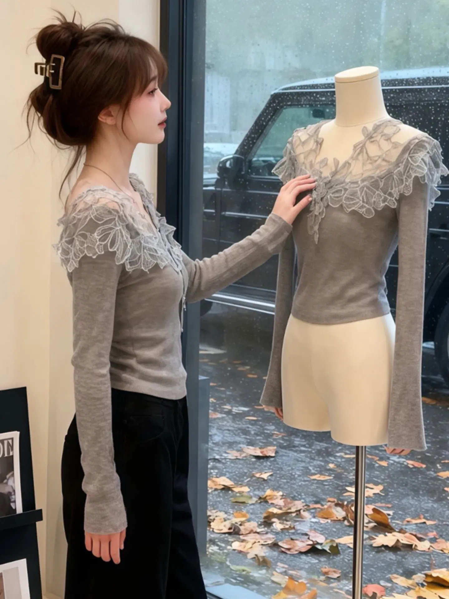 

Французский кружевной топ Slim Fit, вязаный топ, женский базовый топ, весенний новый Sle Pure Desire Sweet Wind, 3D кружево в стиле пэчворк