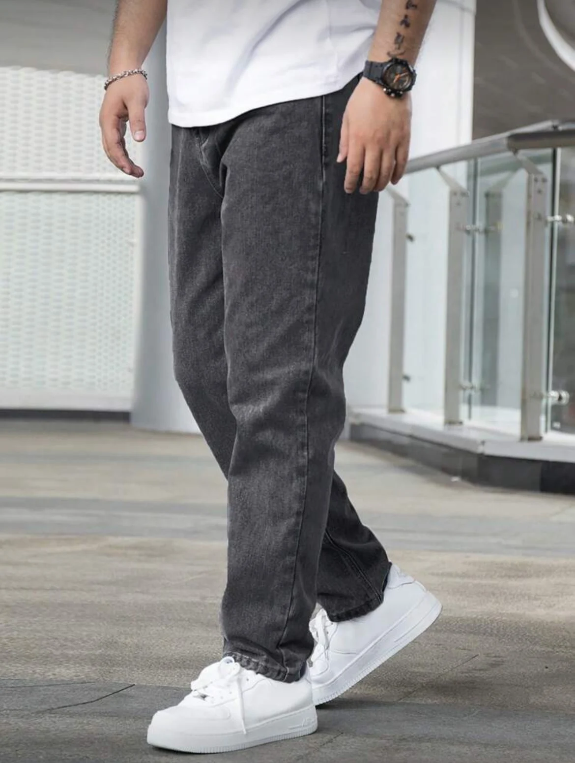 Men's Loose Straight Jeans, Vintage Dark Grey Washed, Casual Daily Wear, Comfortable & Versatile, All Sizes
