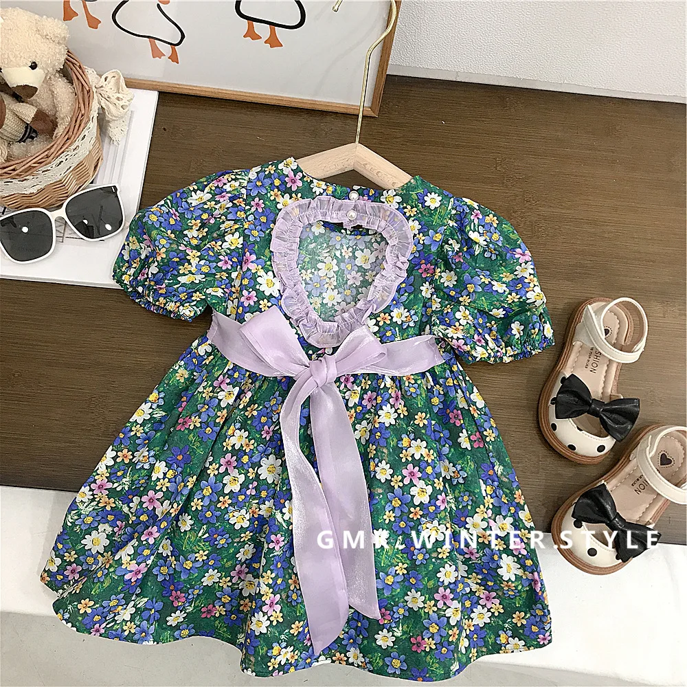 

Girls Flower Dress Summer 2023 New Baby Girl Sweet Puff Sleeve Open Back Princess Dress Cotton