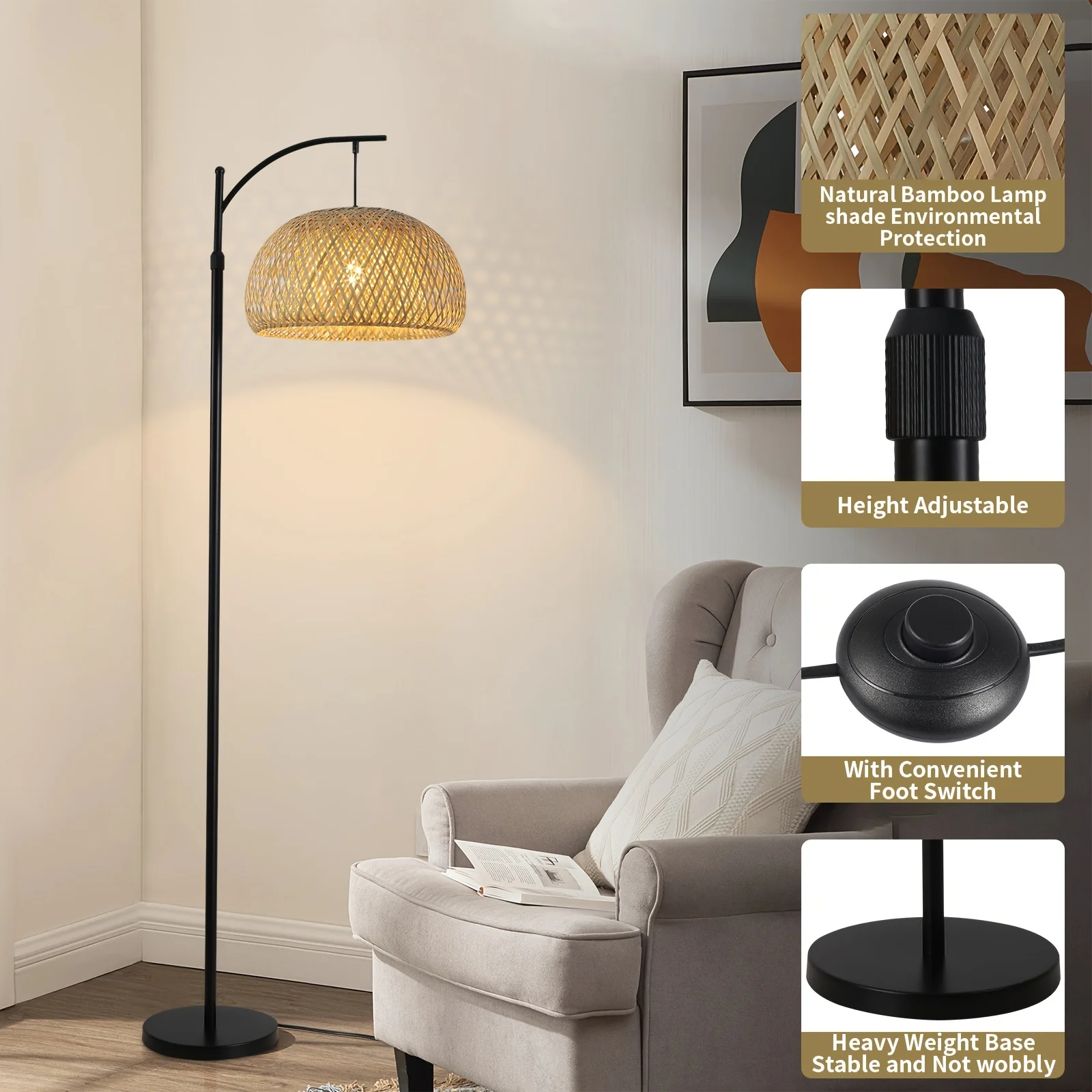 

Floor Lamp With Big Size Bamboo Rattan Shade, Boho Farmhouse Rustic Floor Lamps For Living Room /Bedroom(Bulb Not Included)