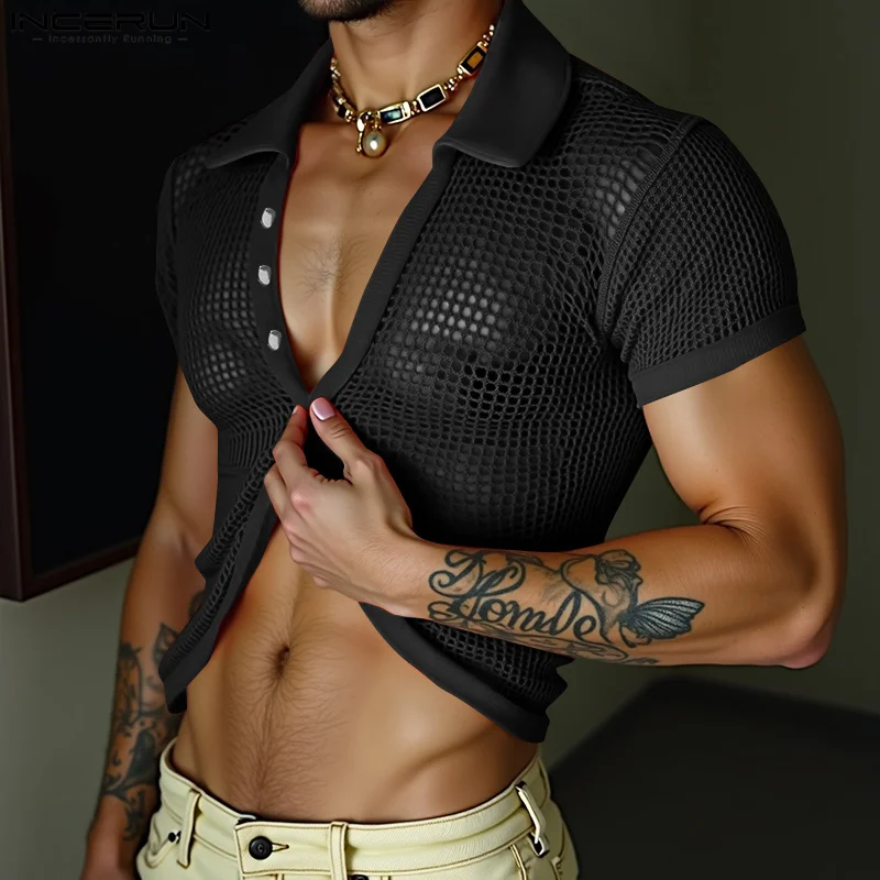 

Summer Men Shirts See Through Mesh Shirt Lapel Short Sleeve Irregular Tops Tee Men's Clothing Streetwear Shirt INCERUN