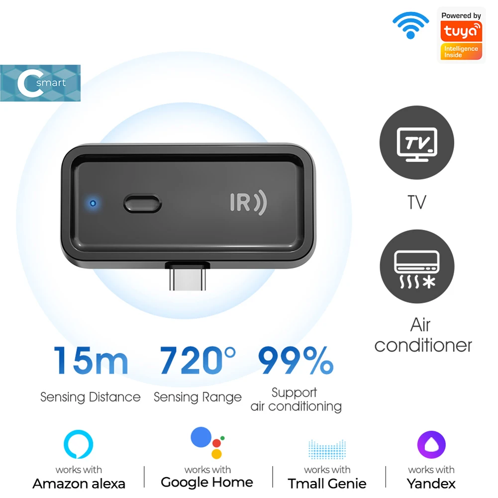 جهاز تحكم عن بعد صغير ذكي WiFi BT يعمل مع Alexa Google Home IR للتحكم عن بعد بالأشعة تحت الحمراء لمكيف الهواء التلفزيوني