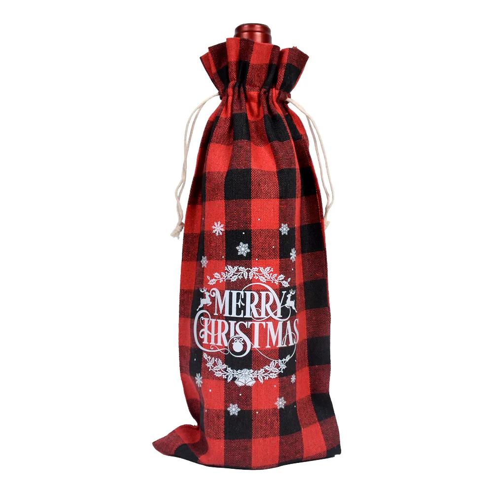 Holiday party wine bottle bag with plaid knit fabric drawstring closure portable secure storage for wine bottles