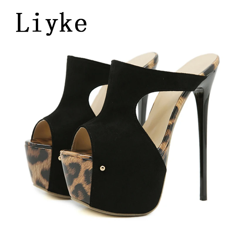 Liyke Street Style Women Sexy 6CM Platform Slippers Sandals Summer Leopard Print Peep Toe Super High Heels Party Stripper Shoes