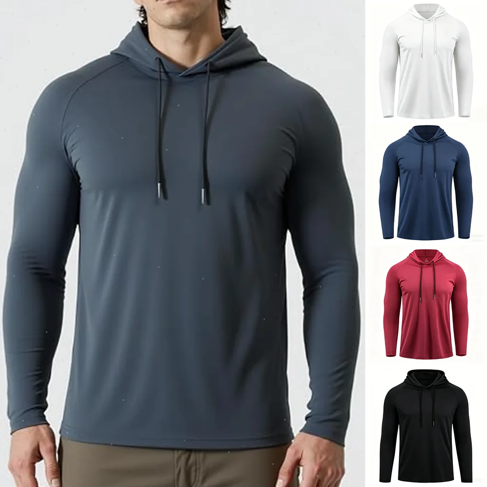 Men's Sun Protection Shirts Long Sleeve Hoodies Solid Quick Dry T-shirt Mens Bodybuilding Fitness Muscle Sportwear Gym Clothing