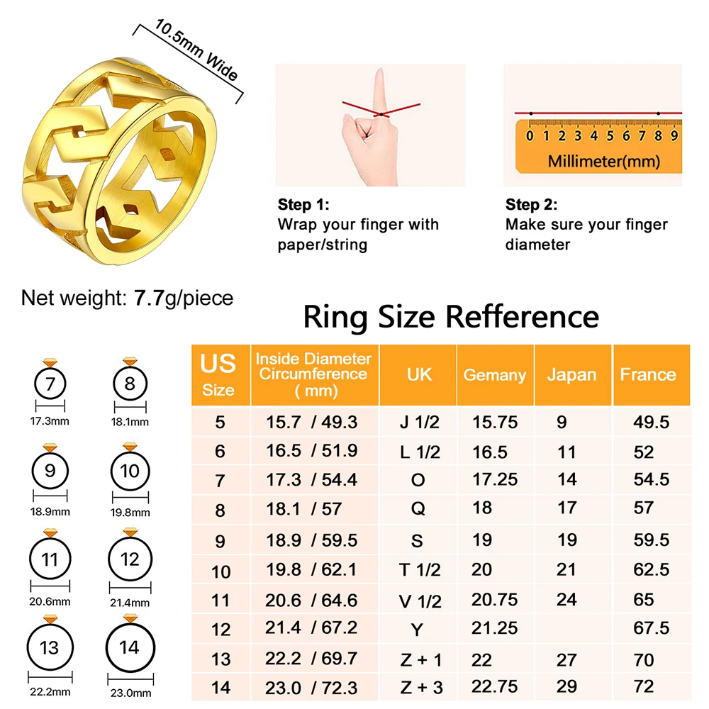 U7 Stainless Steel 10.5mm Wide Hexagon Chain Rings for Man Woman Size 7-14 Simple Classic Unisex Couple Jewelry Gift