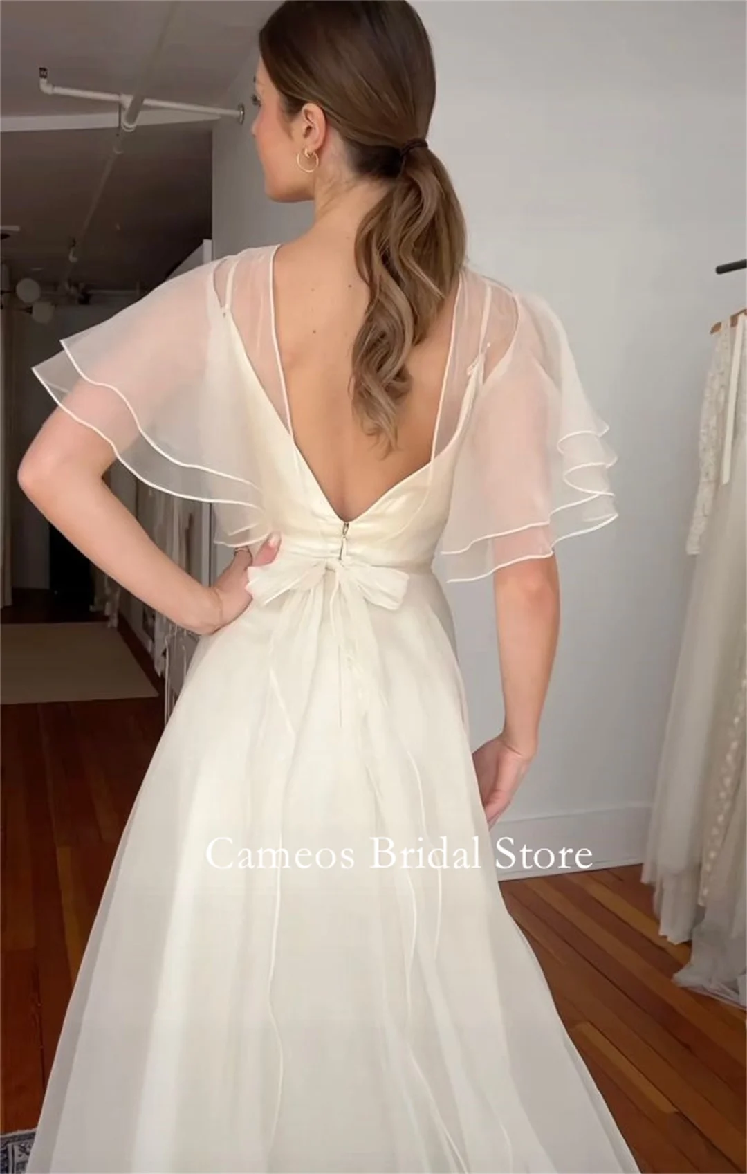 Cameos Fashion كوريا طبقات الأكمام الأورجانزا فساتين الزفاف الخامس الرقبة الطابق طول صورة تبادل لاطلاق النار مشد ثوب الزفاف مخصص