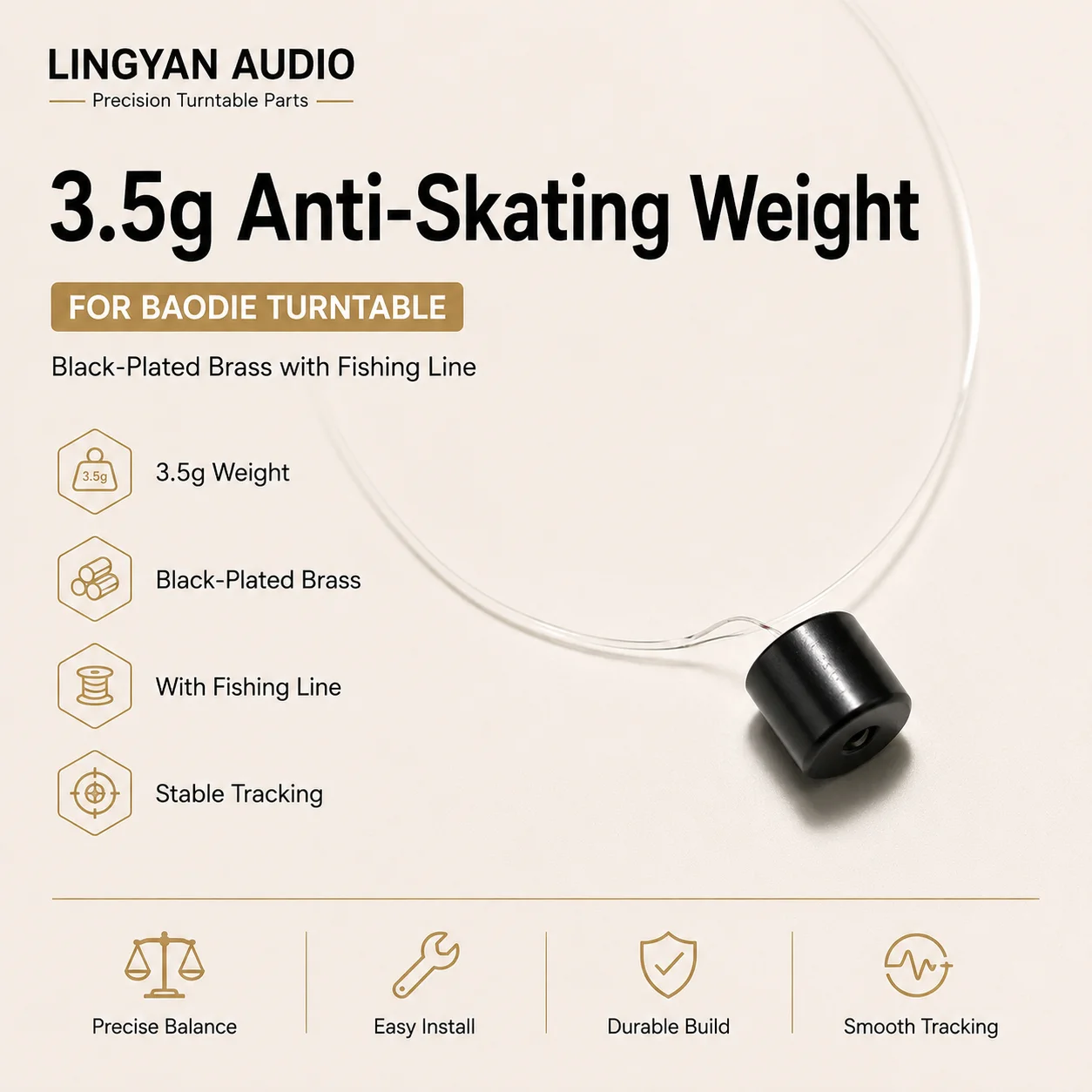 Peso Antideslizante de 3.5g de Latón Plateado Negro con Hilo de Pesca para Tocadiscos Pro-Ject, Rega, Thorens, SME, Lenco