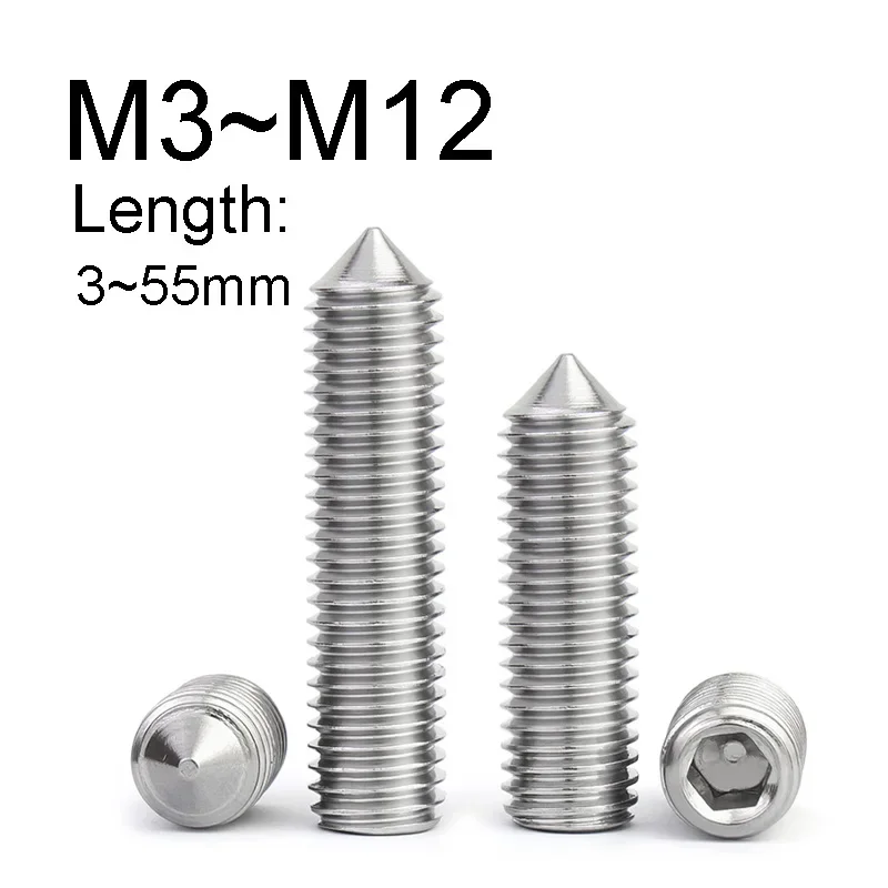 5~50PCS 304 Stainless Steel Cone Point Screw M3 M4 M5 M6 M8 M10 M12 Hexagon Socket Cone End Point Set Screw   Door Handles Bolts