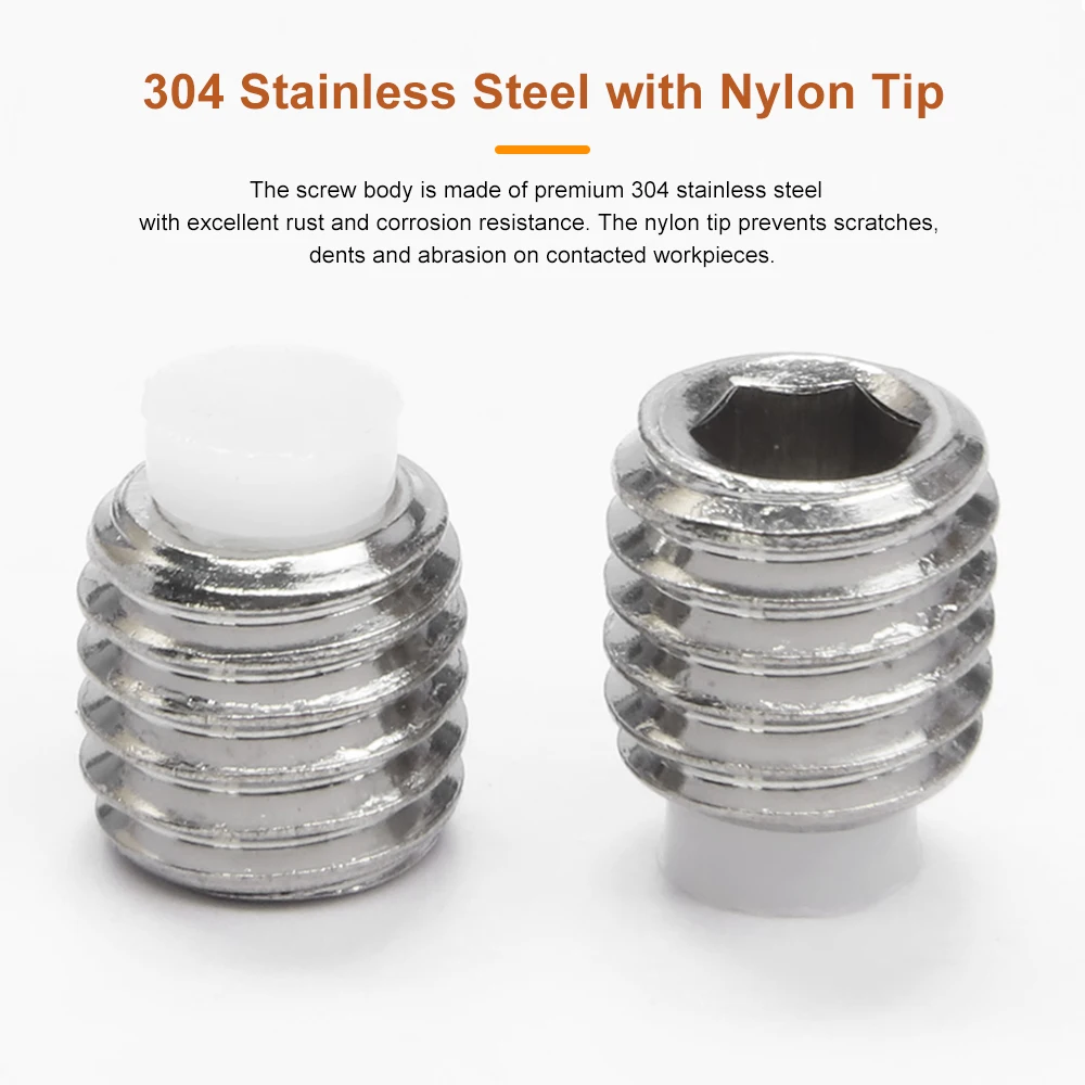 304 stainless steel Nylon-Tip Dog Point Set Screw M3 M4 M5 M6 M8 M10 Hex Socket Plastic Dog Point Tip Grub Headless Set Screw