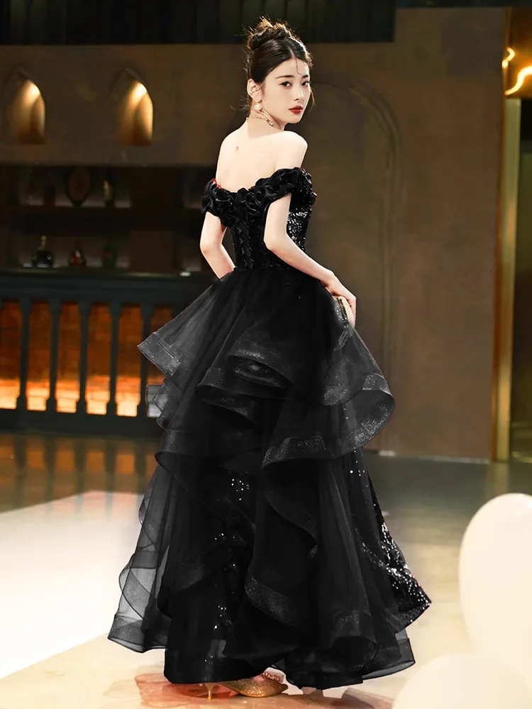 Zwarte One-schouder Avondjurken Luxe Pailletten Banket Slanke Taille Split Prom Dress Lovertjes Bruiloft Vestidos Aangepaste