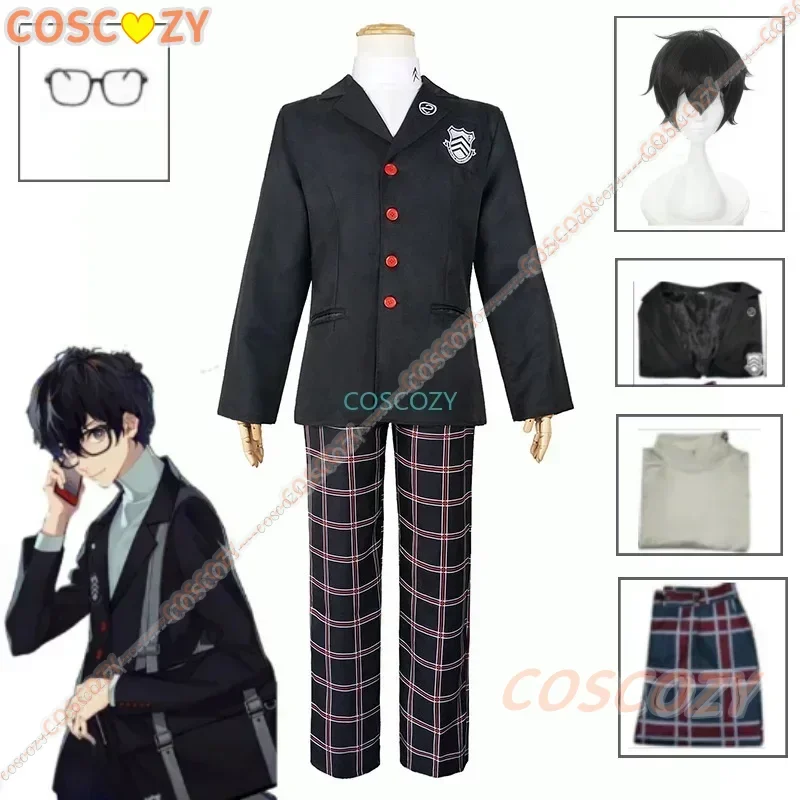 Game Persona 5 Ren Amamiya Akira Kurusu Kostum Cosplay Men's School Uniform Unisex Halloween Suit Coat Party Black Uniform Set