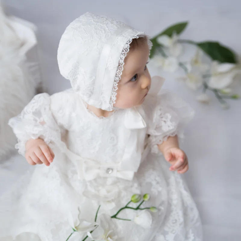 Vestidos de flores para bebé, Apliques de encaje de satén con cinturón de lazo, Manga corta para boda, fiesta de cumpleaños, primera comunión