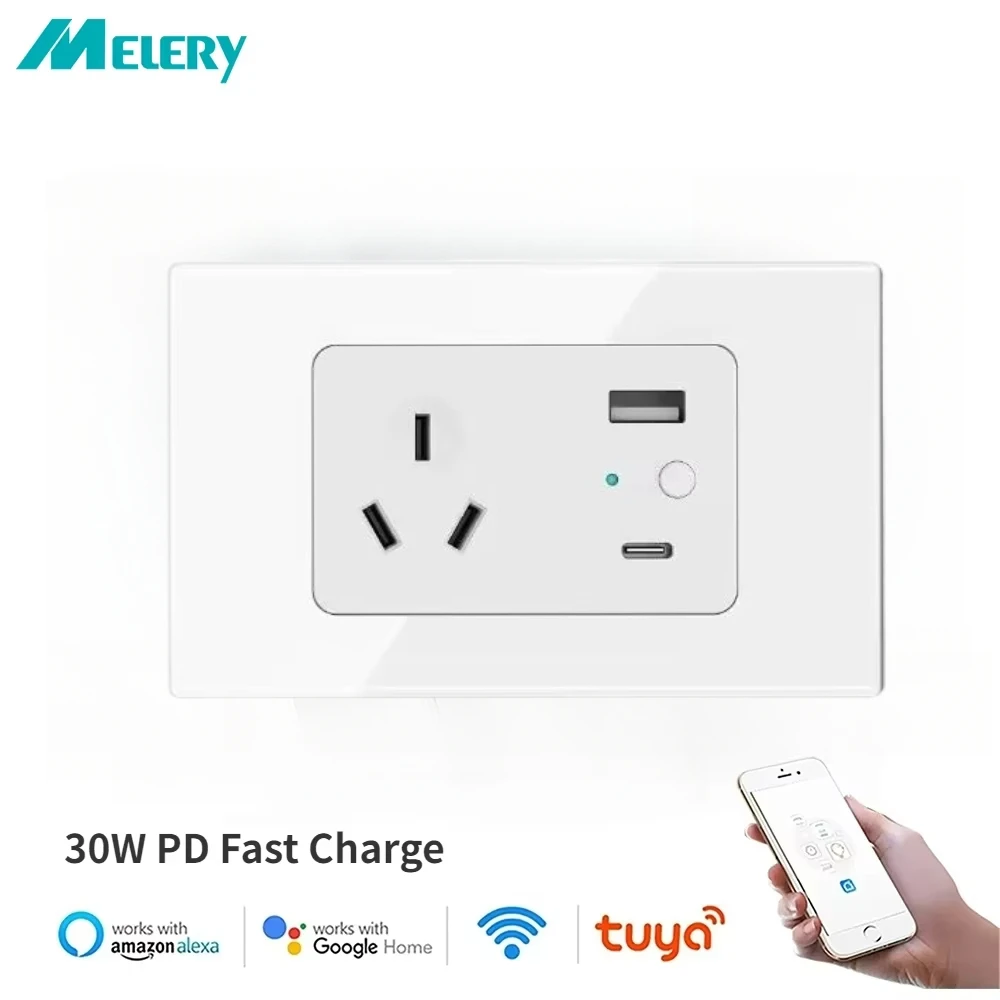 Melery Austrial Power Wall Socket 10A Smart Tuya Wifi USB Type C PD 30W AU Plug Outlet Glass Panel remoteby Alexa Google Home