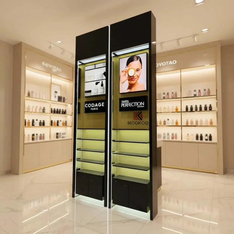custom.High End Cosmetics Perfume Shop Wall Display showcase Wooden Skincare Retail Shelving with LED Lighting