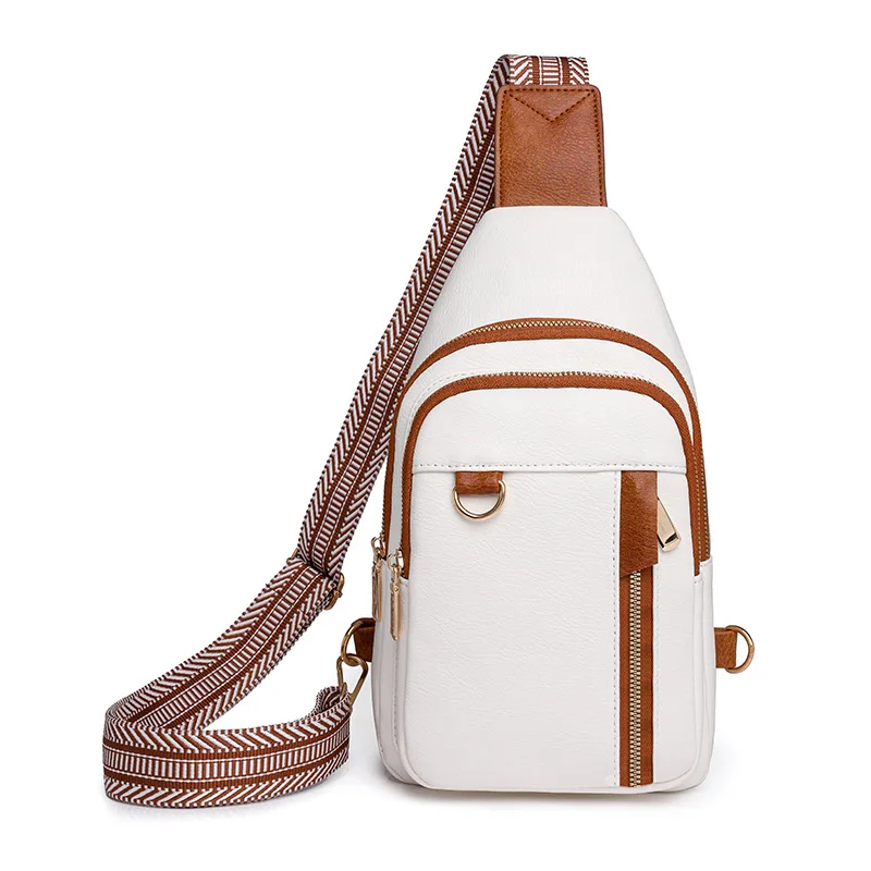 pu leather retro crossbody women's chest bag, large-capacity color-blocking multi-pocket multi-functional crossbody bag