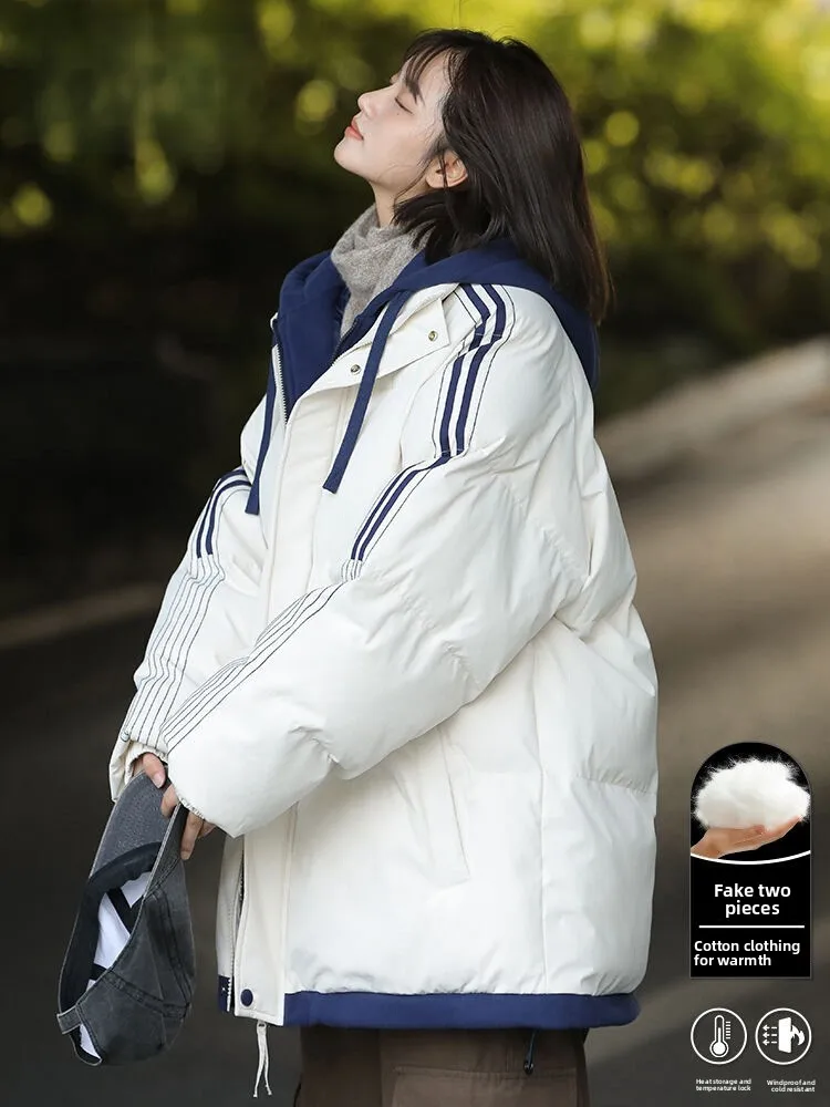 

Loose Thickened down Cotton Jacket Hooded Unisex Winter New Style College Fashion Brand Fake Two-Piece Couple Outerwear
