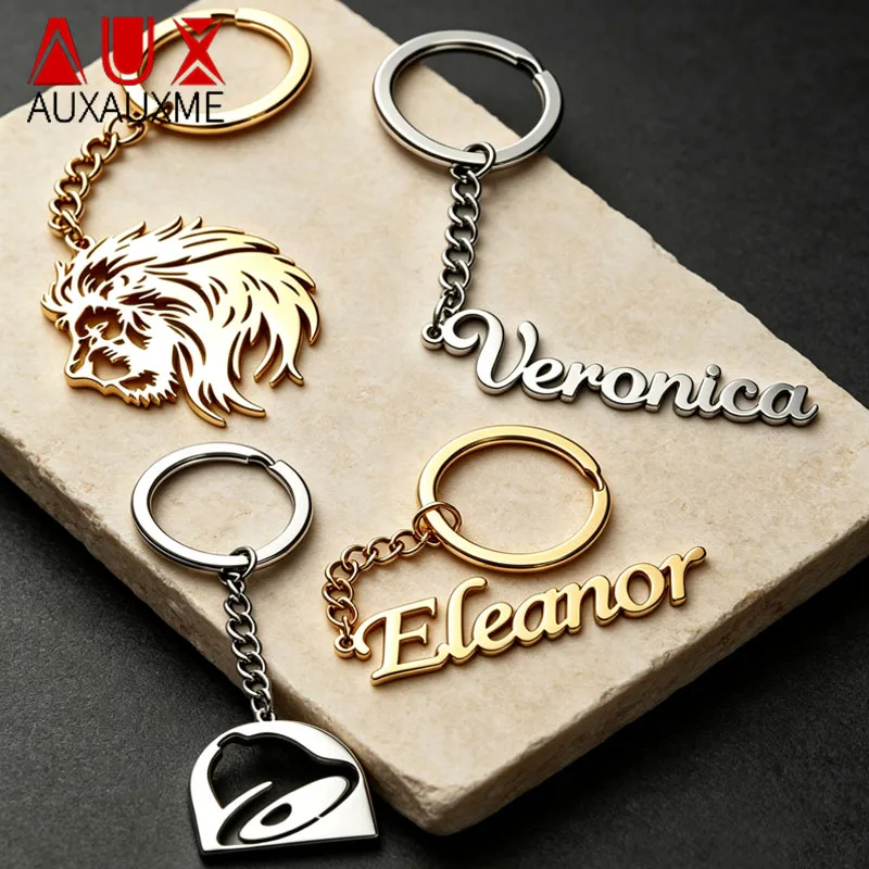 Auxauxme Personalized Company Logo Picture Keychain Stainless Steel Custom Kid's Art Drawing Name Keychain Jewelry Gift