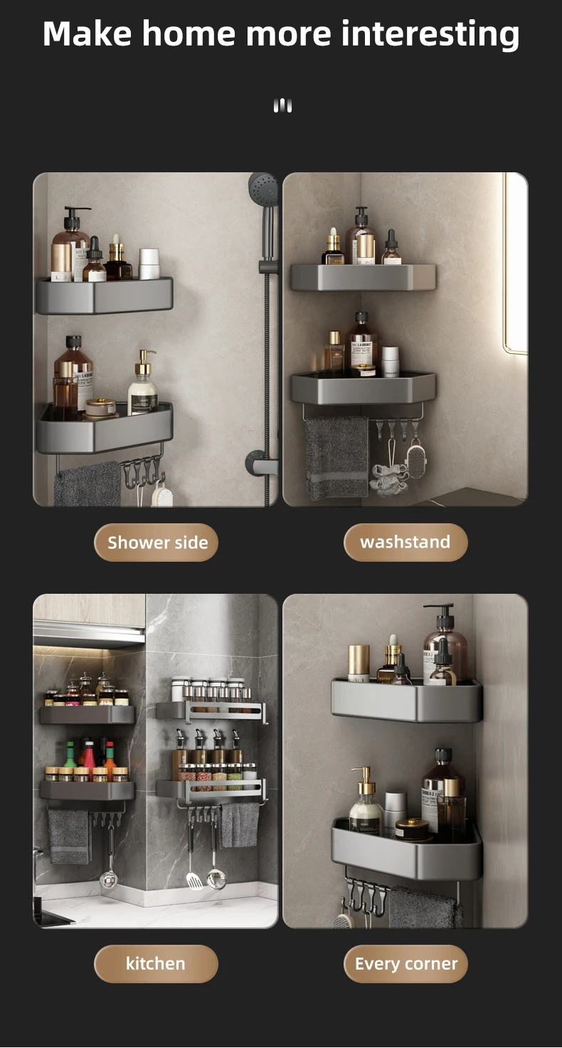 Badezimmerregal ohne Bohren, Eckraum, Aluminium-Lagerregal, Wandmontage, dreieckiger Korb, Duschraum, Aufbewahrungsorganisator FR2006 – Detail 14