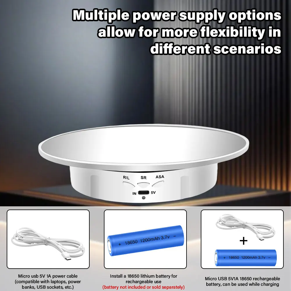 

200mm rotating product display turntable. 360-degree electric rotating display stand. 3-speed adjustment.Used for video shooting
