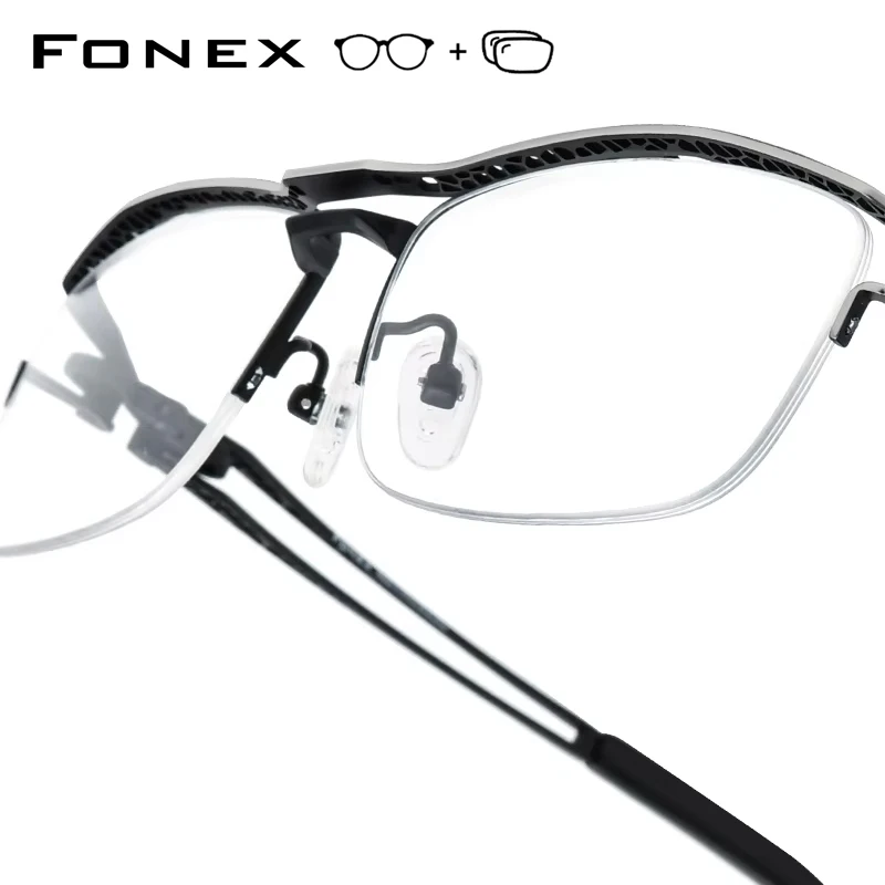 FONEX Titanium Glasses Frame Men New Semi Rimless Square Prescription Eyeglasses Women Half Frame Myopia Optical Eyewear 85770