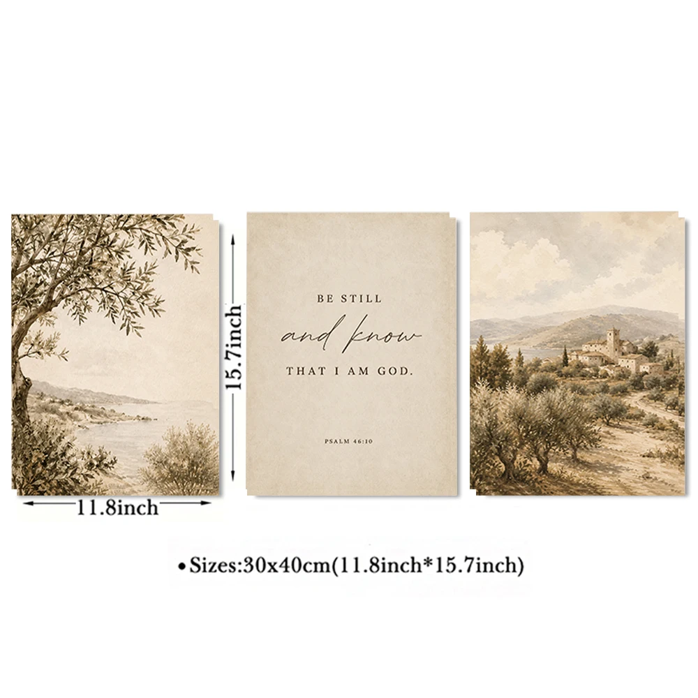 Set of 3 Christian Wall Art Canvas Prints Be Still and Know Scripture Landscape Poster Neutral Farmhouse Decor Modern Home