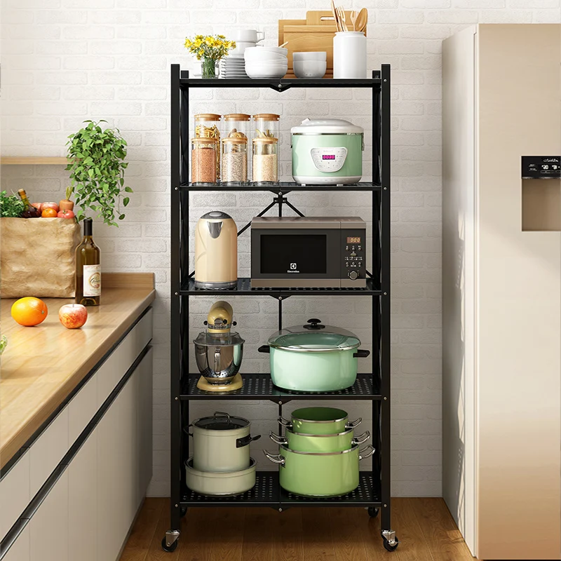 Installation-free Folding Kitchen Racks Floor-standing Multi-layer Carts for Pots and Microwave Ovens Storage Racks for House