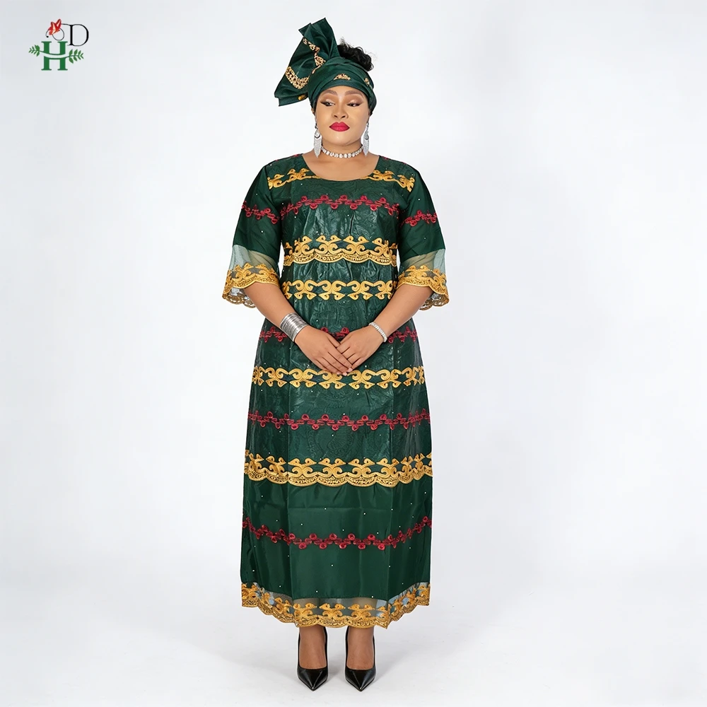 Vestidos africanos H&D para mujer, vestido bordado Bazin Riche, vestido con encaje y patchwork, con turbante, vestido de dama para boda, Ramadán