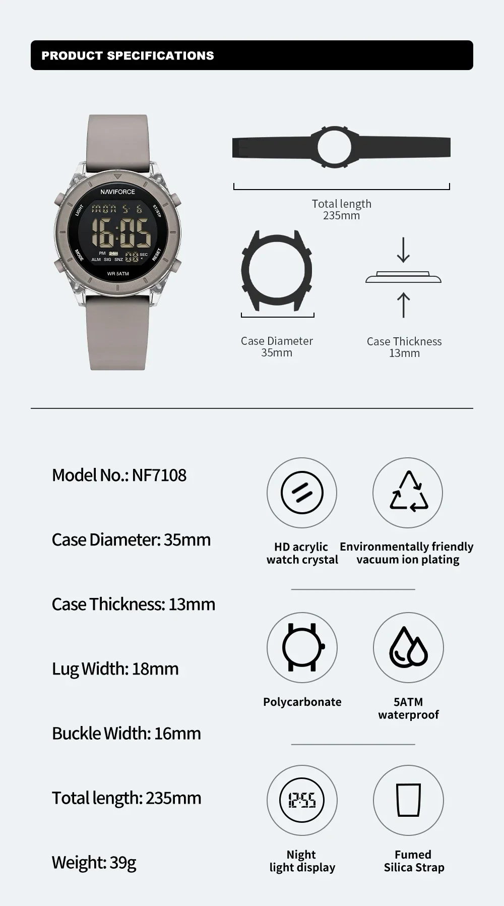 NAVIFORCE NF7108 Orologio da polso da donna in silicone LED Orologio sportivo impermeabile di alta qualità per donna