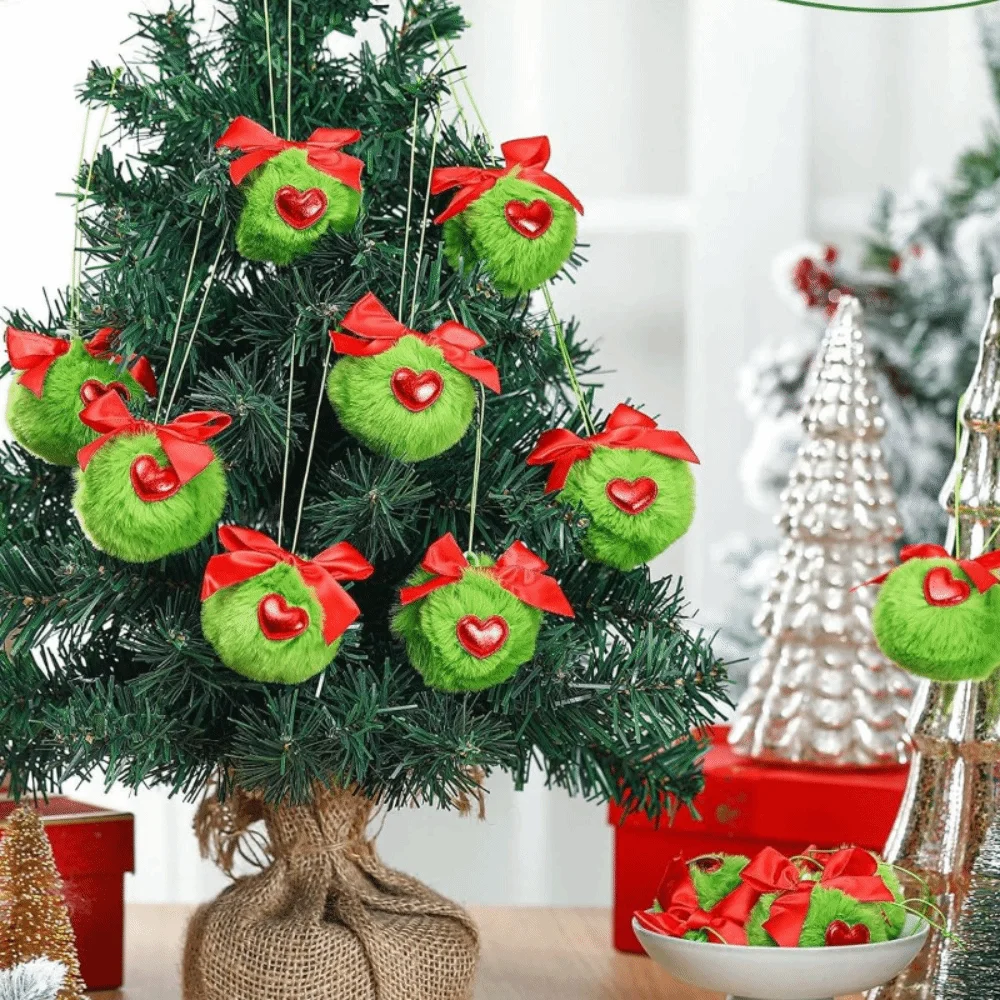 

12Pcs Decorative Furry Christmas Green Elf Ball Soft 6cm Green Christmas Balls with Bow and Heart DIY Xmas Tree Pendant Window