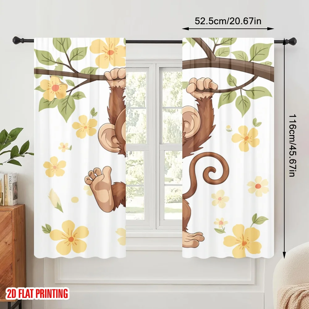 2pcs 2D flat printing Window Curtains Cute Monkey Jungle Vine Polyester Without Electricity Holiday Decorations Perfect