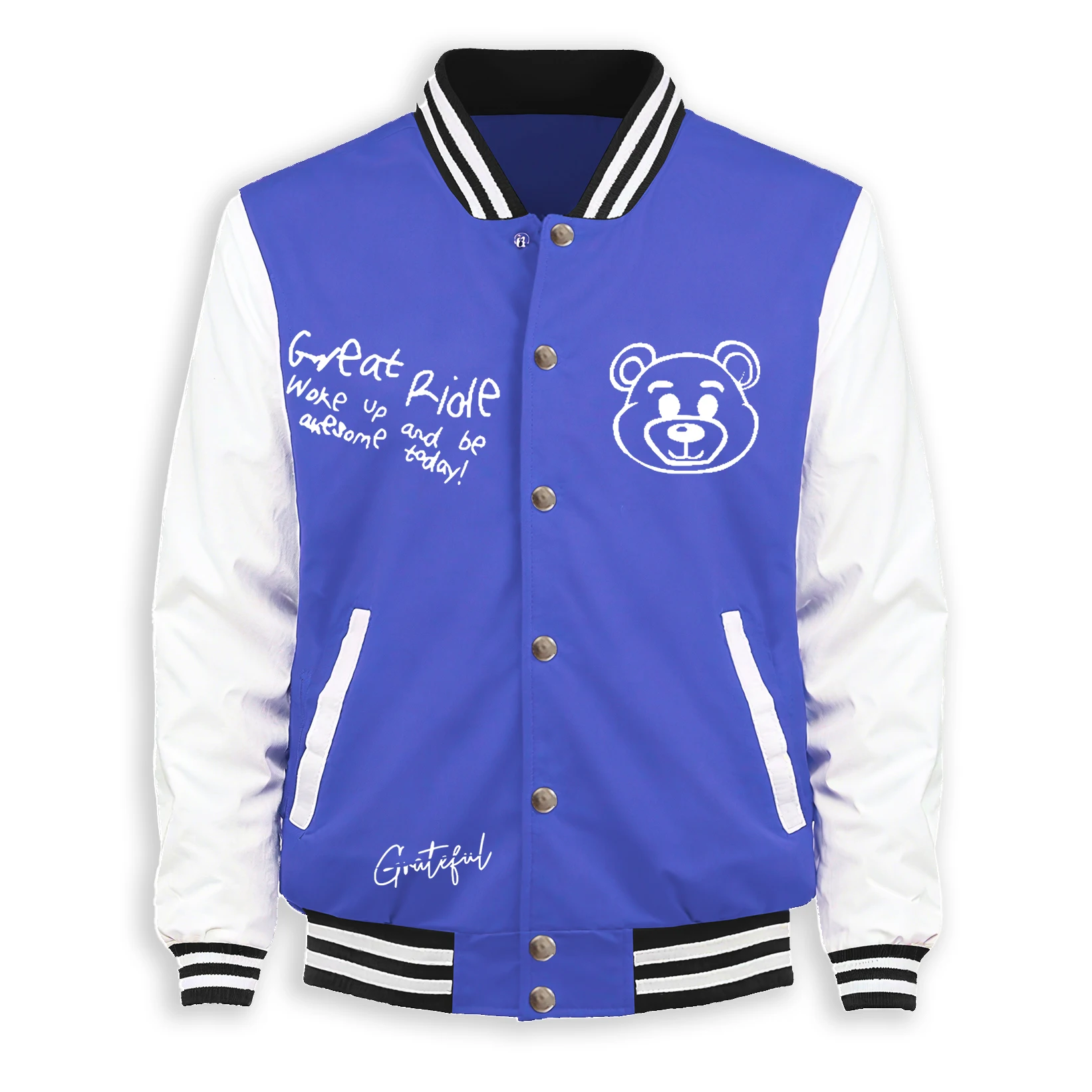 

Artistic Alphabet And Little Bear Print Baseball Jersey Man Trendy Fleece Streetwear Casual Loose Top Unisex American Retro Coat