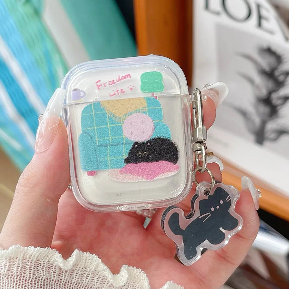 Cartoon Cute Black Cat Dog Sofa Pattern Headset Case For Apple Airpods 1 2 Pro 3 Earphone Charging Box Protective Cover Keychain