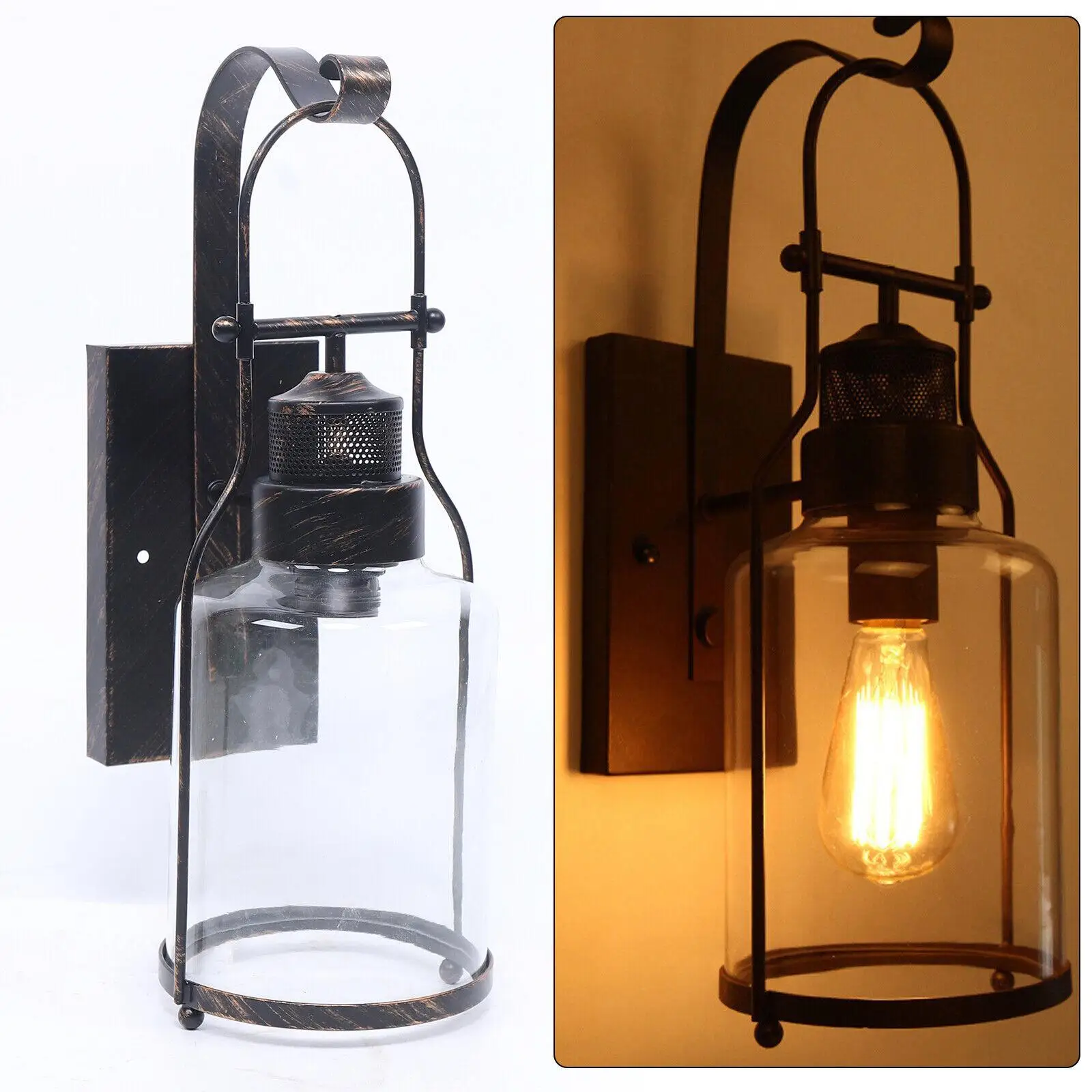 Rustic Lantern Glass Wall Light Antique Bedroom Led Wall Lamp Cylinder Rust Bedside Lamp Indoor Lighting Room Decor