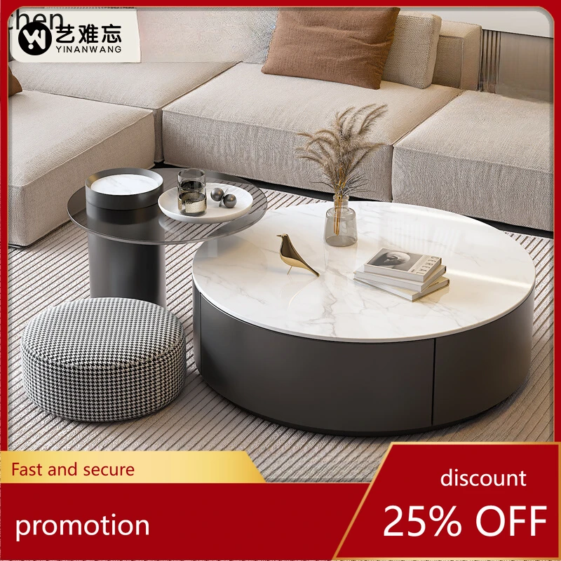 

HXL rock slab living room home light luxury modern simple round black coffee table 2024 new living room decoration