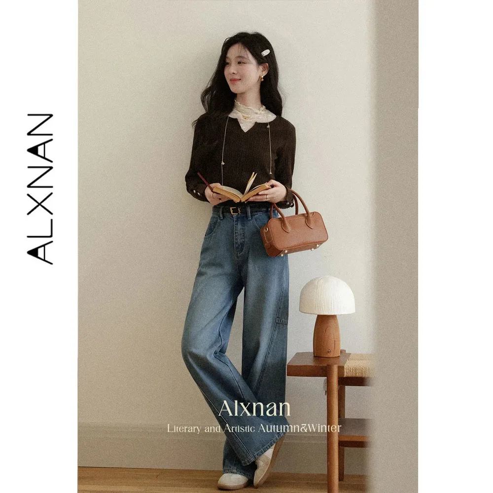 ALXNAN Woman's Jeans 2026 Fall High-waist Wide-leg Light Blue Baggy Jeans Vintage Casual Cotton Versatile Ladies Pants L56823