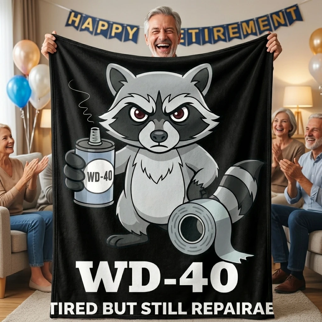 WD‑40 Raccoon Tired But Still Repairable Flannel Throw Blanket, Funny Handyman Raccoon Graphic Soft Cozy Lightweight Home Decor