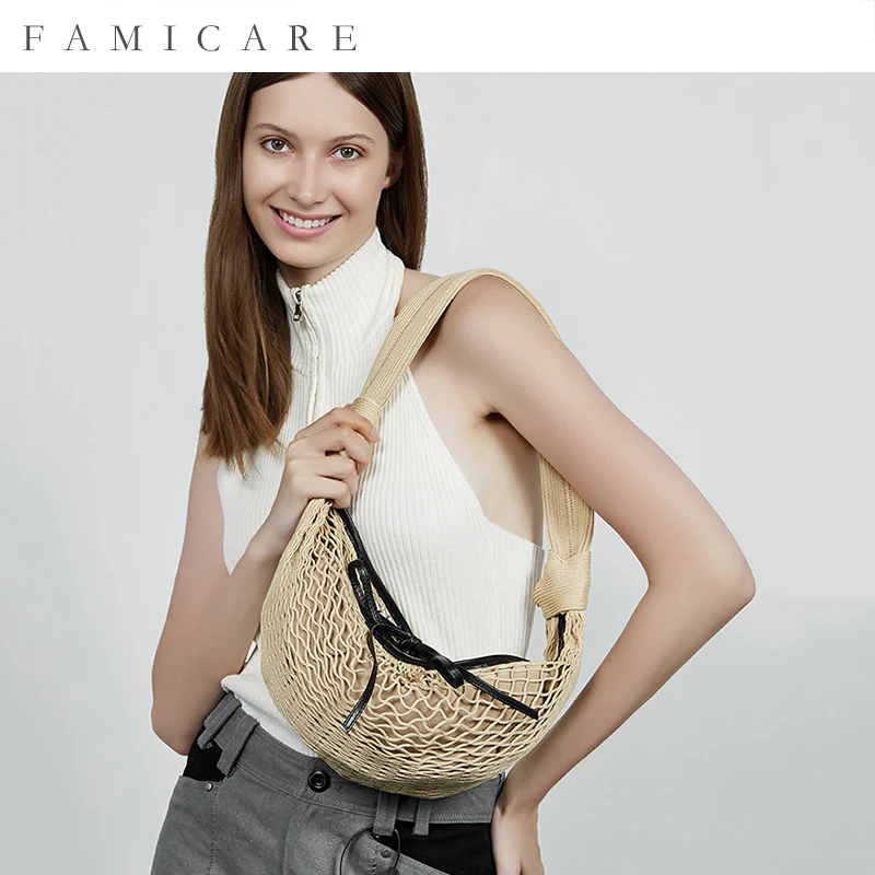 

New Ladies Versatile Color Blocking Fishing Net Cow Horn Design Woven Bag for Women Spicy Niche Girls Fashion Runway Handbag