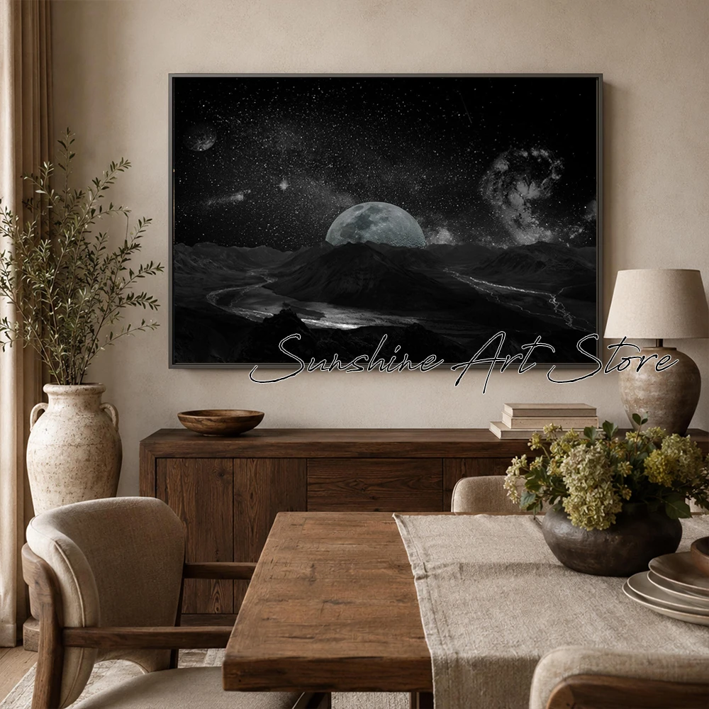 The Moon At Night Astronomy Poster Fantasy Moon Mountain Stars River Living Room Home Decor Canvas Painting Wall Pictures Decor