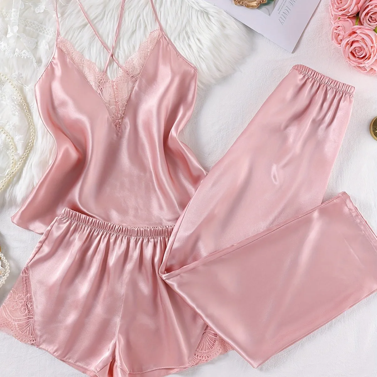Sexy Pajamas, Women's Suspender Shorts, Three Piece Set, Summer Comfortable Home Wear, Lace