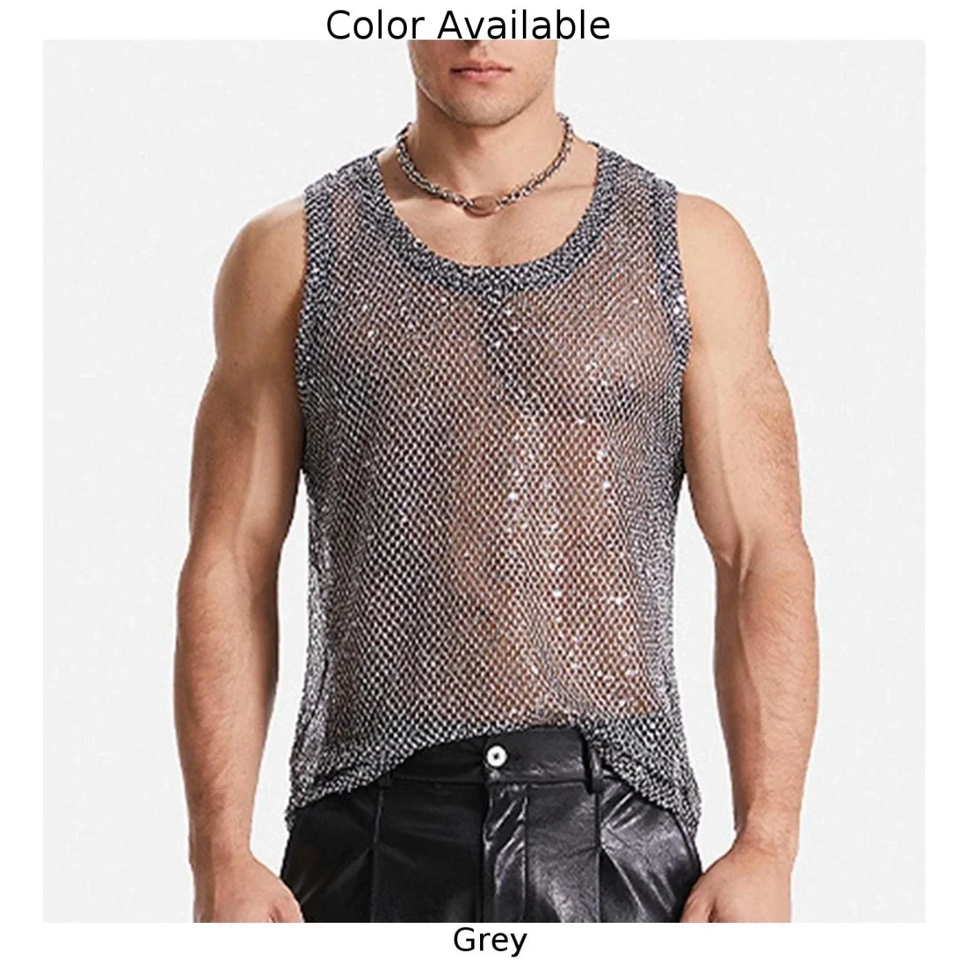 Mens Sexy Mesh Sequins Hollow Out Muscle Tank Top Sleeveless Glitter Sheer Transparent Vest Fishnet Party Tops Simple Male Vest