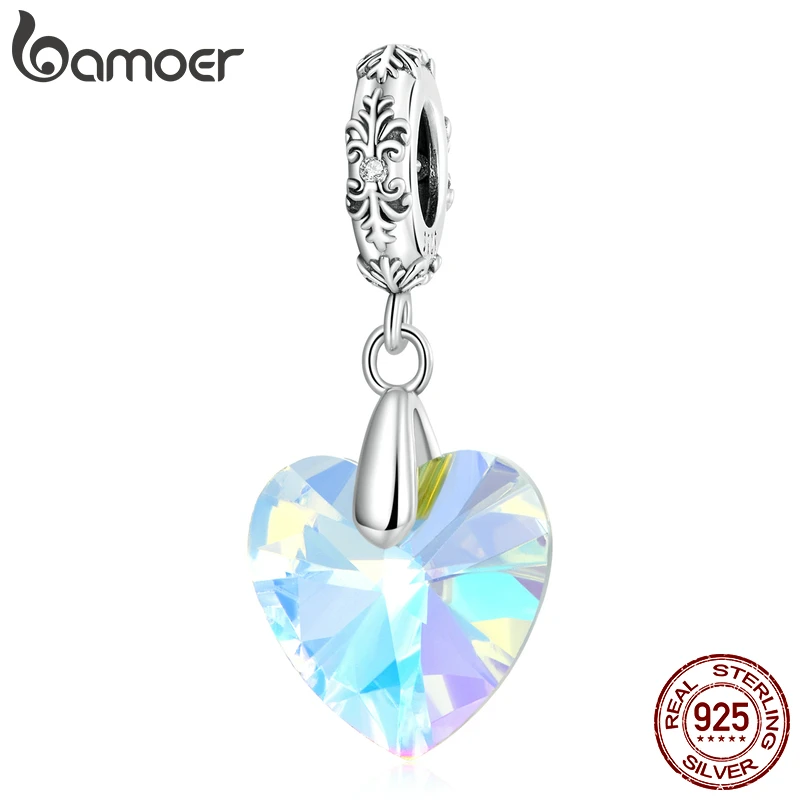 Bamoer Authentic 925 Sterling Silver Brilliant  Glass Heart Pendant fit DIY Making Charms Bracelet & Bangle Fine Jewelry