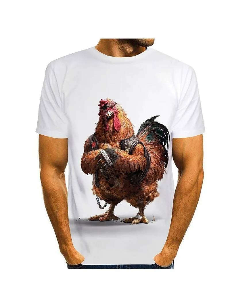 Modne koszulki z wzorem kurczaka dla mężczyzn Letni trend Krótki rękaw Crew Neck 3D Zwierzęta Nadrukowane koszulki Luźne koszulki Streetwear — zdjęcie 2