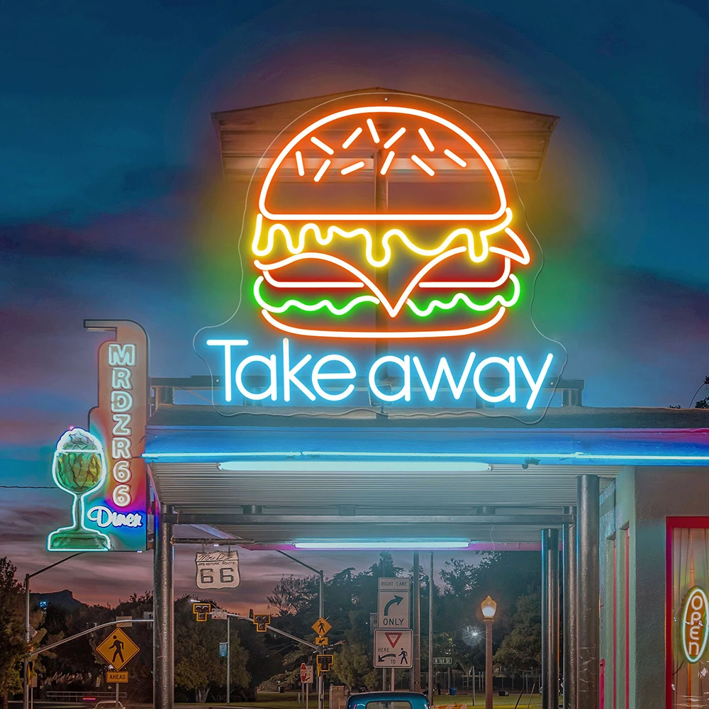 Burger Take Away Neon Sign Custom Burger Restaurant Logo LED Sign Fast Food Shop Wall Art Food Truck Decor Hamburger Neon Light