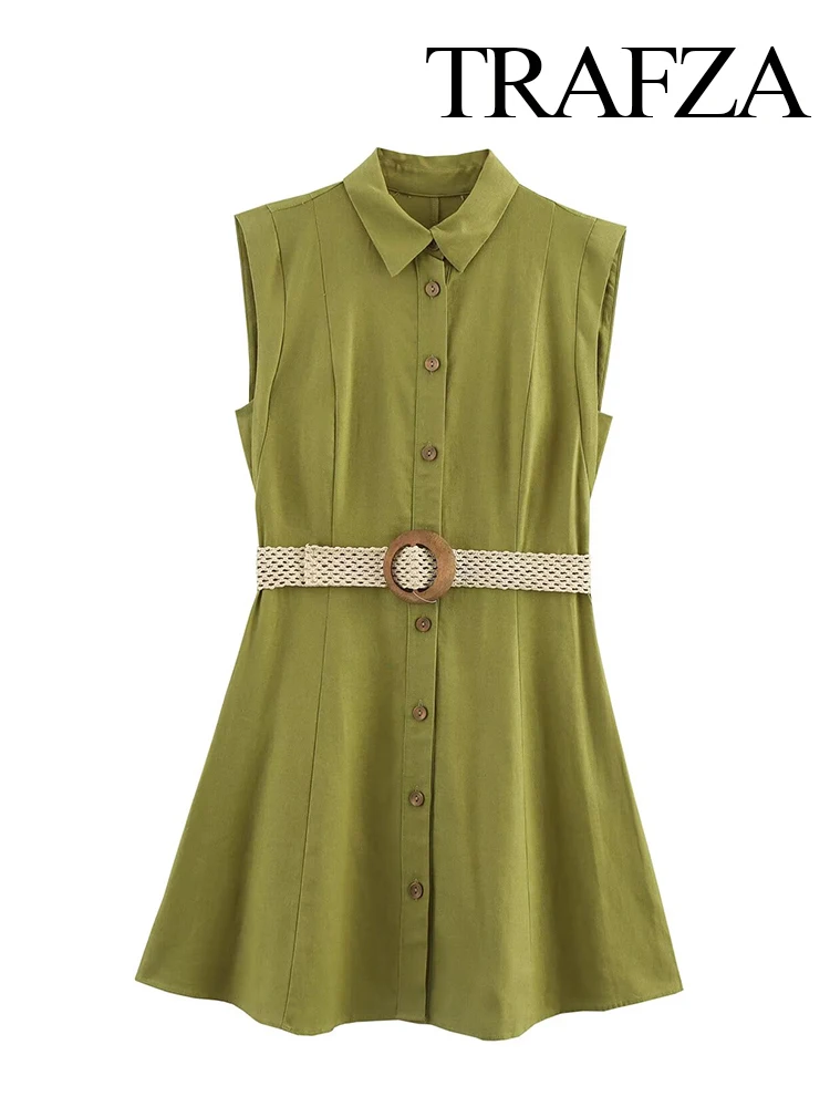 

TRAFZA Women Summer New Versatile Single-Breasted Linen Blend Short Dress Female Fashion Lapel Sleeveless Belt Decorative Dress