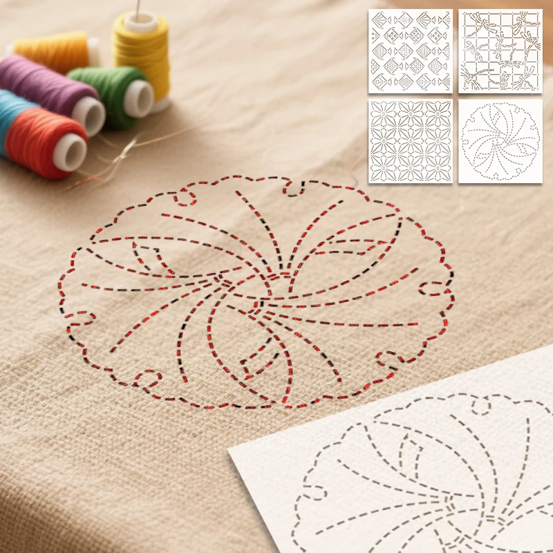YOMDID 4pcs Sashiko Embroidery Templates DIY Embroidery Pattern Quilting Templates Reusable PET Stencils for Quilting and Craft